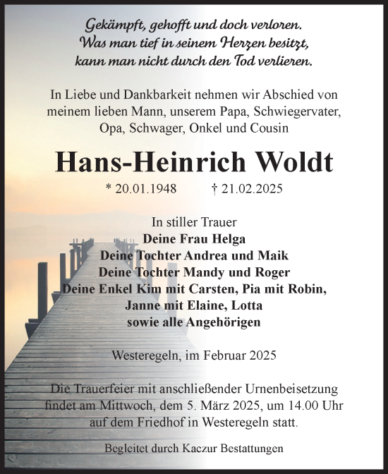 Traueranzeige von Hans-Heinrich Woldt von Volksstimme Staßfurt