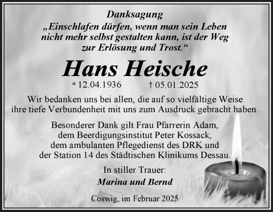 Traueranzeige von Hans Heische von Trauerkombi Wittenberg