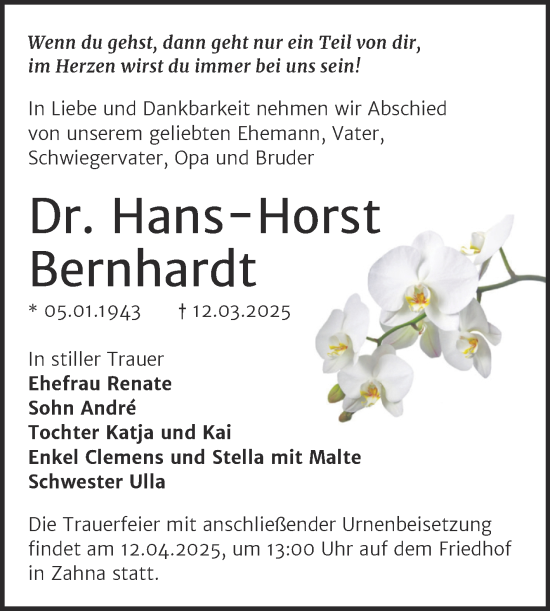 Traueranzeige von Hans-Horst Bernhardt von Trauerkombi Wittenberg