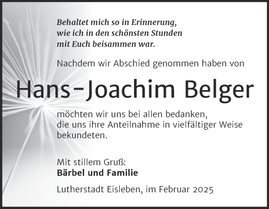 Traueranzeige von Hans-Joachim Belger von Trauerkombi Mansfelder Land