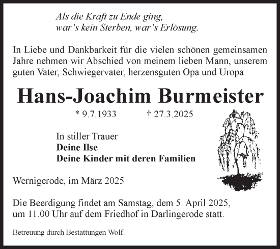 Traueranzeige von Hans-Joachim Burmeister von Volksstimme Wernigerode