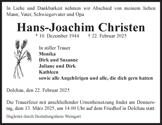 Traueranzeige von Hans-Joachim Christen von Volksstimme Altmark West