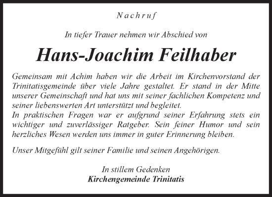 Traueranzeige von Hans-Joachim Feilhaber von Volksstimme Haldensleben/Wolmirstedt
