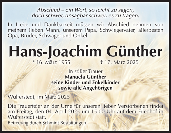Traueranzeige von Hans-Joachim Günther von Volksstimme Oschersleben/Wanzleben