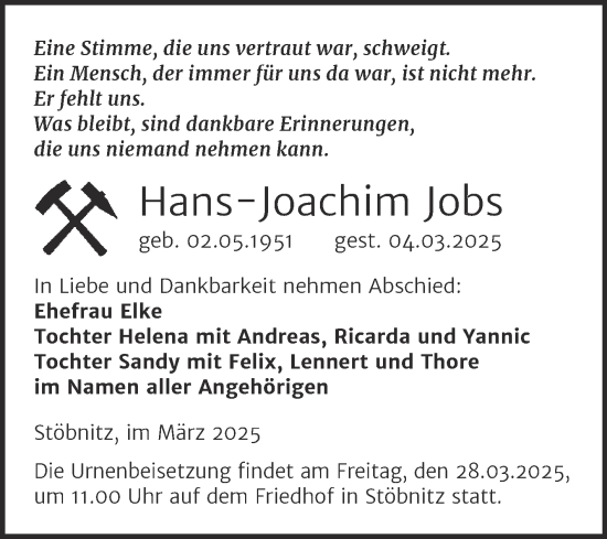Traueranzeige von Hans-Joachim Jobs von Trauerkombi Merseburg