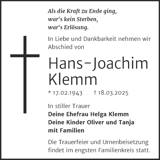 Traueranzeige von Hans-Joachim Klemm von Trauerkombi Wittenberg