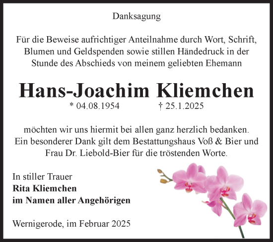 Traueranzeige von Hans-Joachim Kliemchen von Volksstimme Wernigerode