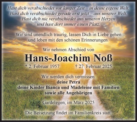 Traueranzeige von Hans-Joachim Noß von Volksstimme Altmark West