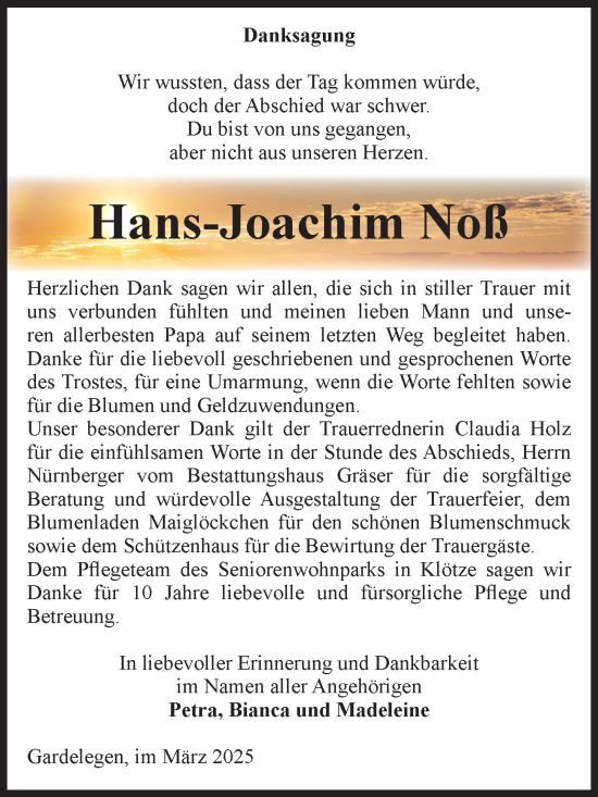 Traueranzeige von Hans-Joachim Noß von Volksstimme Altmark West