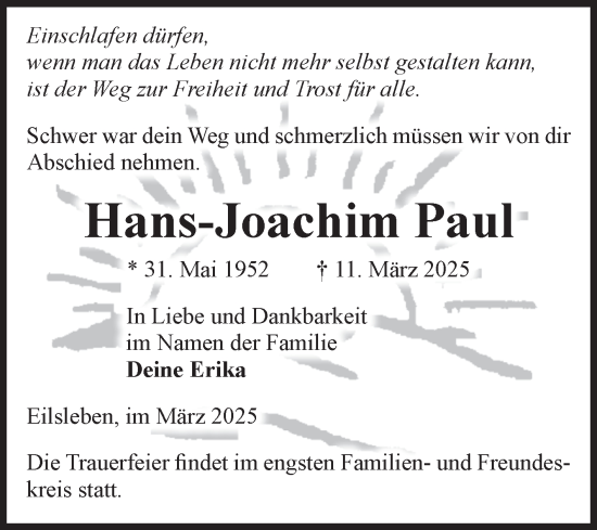 Traueranzeige von Hans-Joachim Paul von Volksstimme Oschersleben/Wanzleben