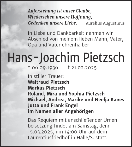 Traueranzeige von Hans-Joachim Pietzsch von Mitteldeutsche Zeitung Halle/Saalkreis