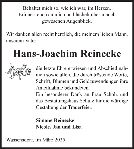 Traueranzeige von Hans-Joachim Reinecke von Volksstimme Altmark West