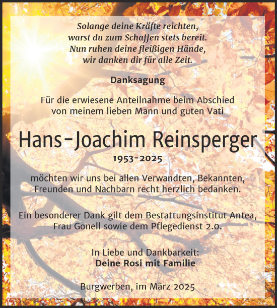 Traueranzeige von Hans-Joachim Reinsperger von Trauerkombi Weißenfels