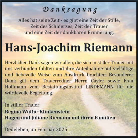 Traueranzeige von Hans-Joachim Riemann von Volksstimme Wernigerode