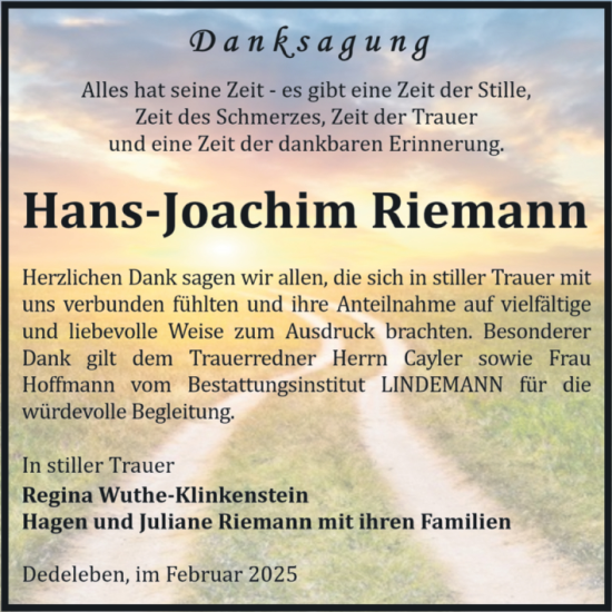 Traueranzeige von Hans-Joachim Riemann von Volksstimme Halberstadt