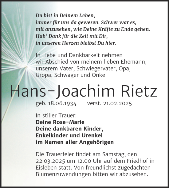 Traueranzeige von Hans-Joachim Rietz von Trauerkombi Mansfelder Land
