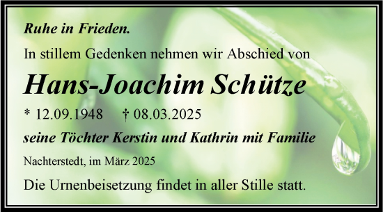 Traueranzeige von Hans-Joachim Schütze von Trauerkombi Aschersleben