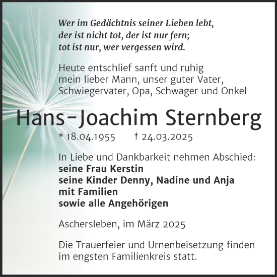 Traueranzeige von Hans-Joachim Sternberg von Trauerkombi Aschersleben