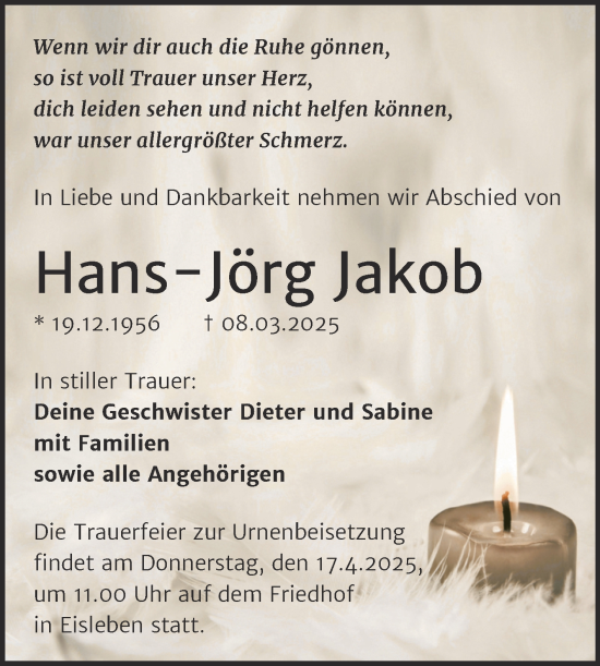 Traueranzeige von Hans-Jörg Jakob von Trauerkombi Mansfelder Land
