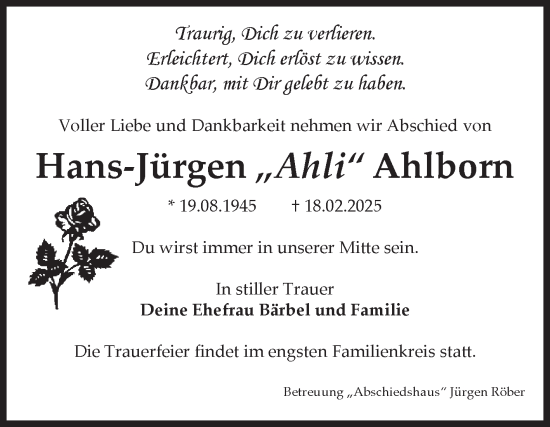 Traueranzeige von Hans-Jürgen Ahlborn von Volksstimme Magdeburg
