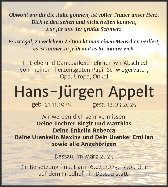Traueranzeige von Hans-Jürgen Appelt von Mitteldeutsche Zeitung Dessau-Roßlau