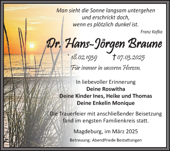 Traueranzeige von Hans-Jürgen Braune von Volksstimme Magdeburg