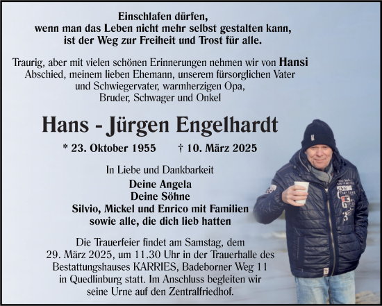 Traueranzeige von Hans-Jürgen Engelhardt von Trauerkombi Quedlinburg