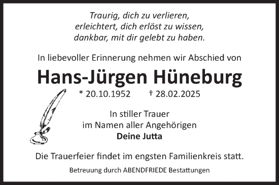 Traueranzeige von Hans-Jürgen Hüneburg von Volksstimme Haldensleben/Wolmirstedt