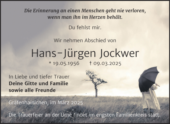 Traueranzeige von Hans-Jürgen Jockwer von Trauerkombi Wittenberg
