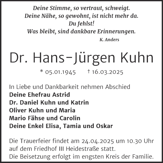 Traueranzeige von Hans-Jürgen Kuhn von Trauerkombi Dessau