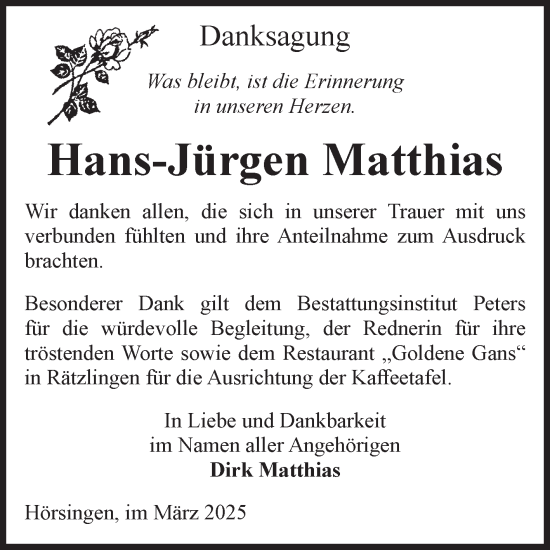 Traueranzeige von Hans-Jürgen Matthias von Volksstimme Haldensleben/Wolmirstedt
