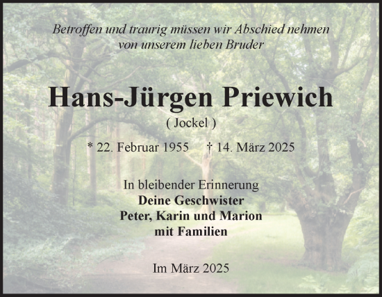 Traueranzeige von Hans-Jürgen Priewich von Volksstimme Burg/Genthin