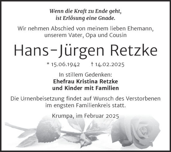 Traueranzeige von Hans-Jürgen Retzke von Trauerkombi Merseburg
