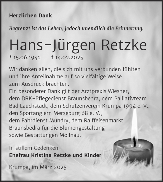 Traueranzeige von Hans-Jürgen Retzke von Trauerkombi Merseburg
