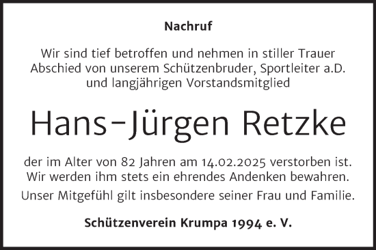 Traueranzeige von Hans-Jürgen Retzke von Trauerkombi Merseburg