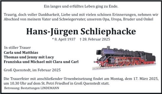Traueranzeige von Hans-Jürgen Schliephacke von Volksstimme Halberstadt
