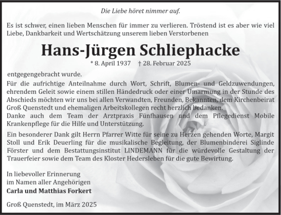 Traueranzeige von Hans-Jürgen Schliephacke von Volksstimme Halberstadt