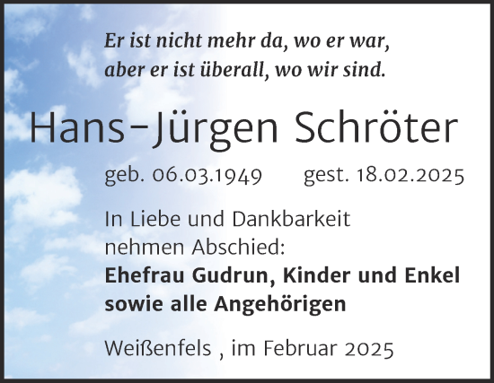 Traueranzeige von Hans-Jürgen Schröter von Trauerkombi Weißenfels