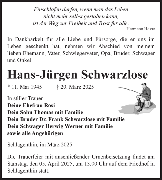 Traueranzeige von Hans-Jürgen Schwarzlose von Volksstimme Burg/Genthin