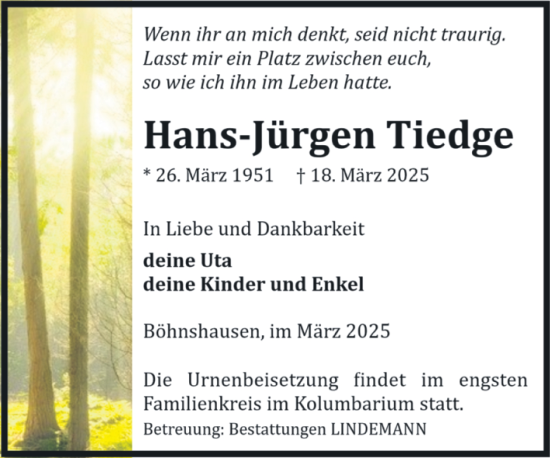 Traueranzeige von Hans-Jürgen Tiedge von Volksstimme Halberstadt