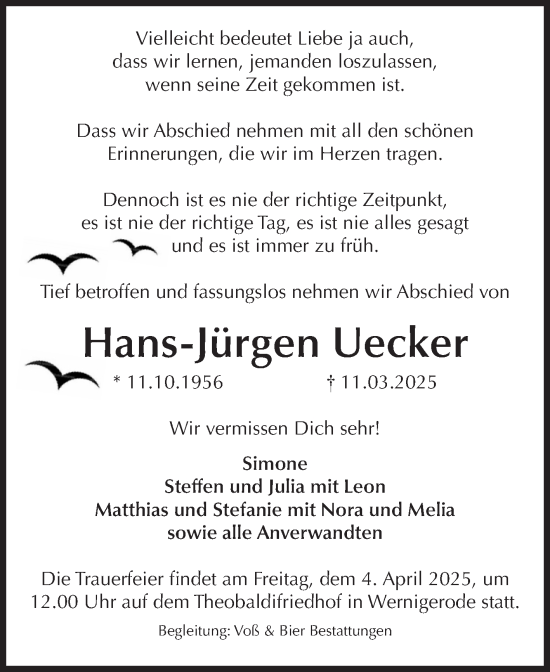Traueranzeige von Hans-Jürgen Uecker von Volksstimme Wernigerode
