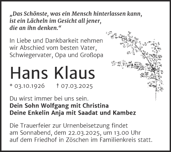 Traueranzeige von Hans Klaus von Trauerkombi Merseburg