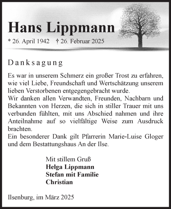 Traueranzeige von Hans Lippmann von Volksstimme Wernigerode
