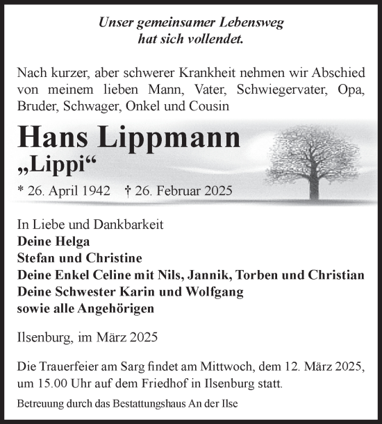Traueranzeige von Hans Lippmann von Volksstimme Wernigerode