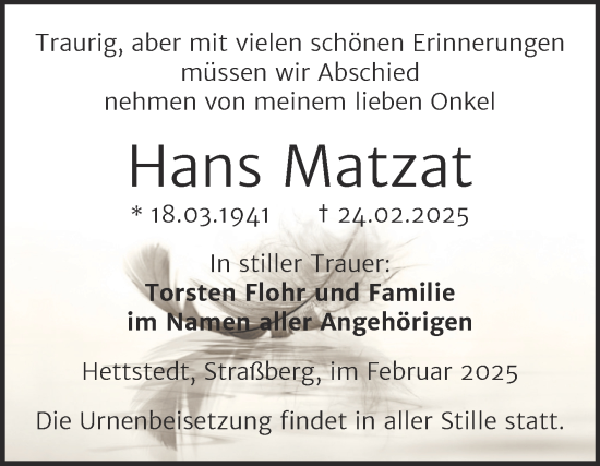 Traueranzeige von Hans Matzat von Trauerkombi Mansfelder Land