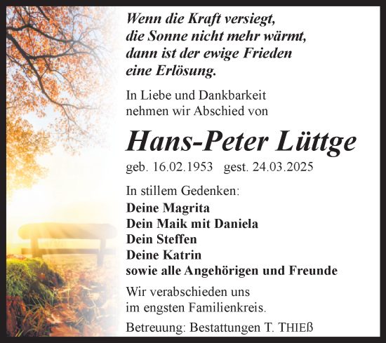 Traueranzeige von Hans-Peter Lüttge von Volksstimme Wernigerode