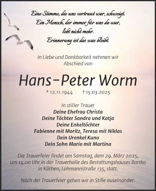 Traueranzeige von Hans-Peter Worm von Trauerkombi Köthen