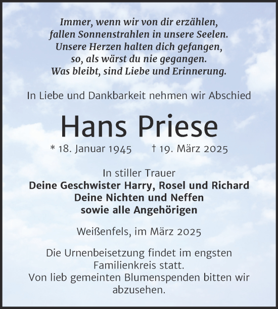 Traueranzeige von Hans Priese von Trauerkombi Weißenfels