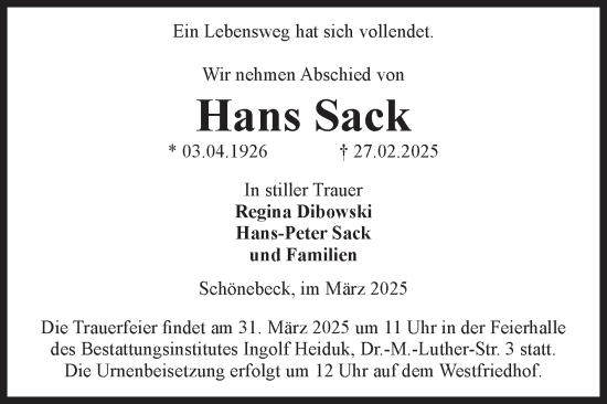 Traueranzeige von Hans Sack von Volksstimme Schönebeck