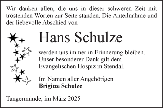 Traueranzeige von Hans Schulze von Volksstimme Altmark Ost